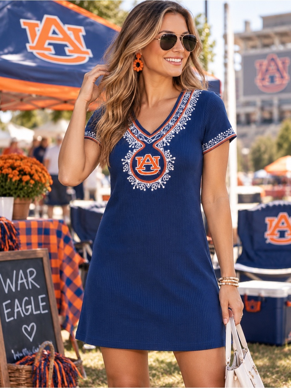 EMERSON STREET Auburn Tigers Rhinestone Embroidered Ribbed Game Day Mini Dress